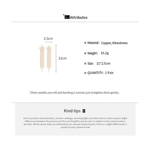 Specifications of long tassel bow earrings made of copper and rhinestones, 11x2.5cm size