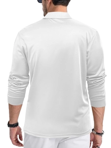 Detail view showing the breathable mesh fabric texture and back fit of white long sleeve polo