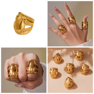 Detail view of bold 18k gold plated stainless steel wide ring with hollow design