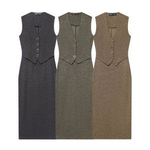 Women Sleeveless V-Neck Midi Dress Textured Polyester Slim Fit Elegant Waistcoat Style With Decorative Buttons