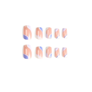 Short square press-on nails with purple and white abstract wave pattern on nude base