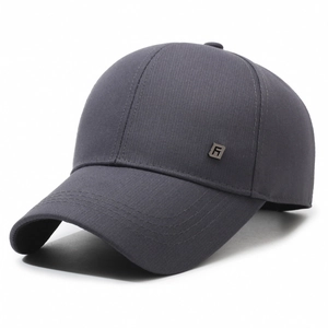 Dark grey baseball cap for men with curved brim and square metal logo emblem detail