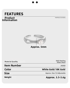 Detail view of S925 sterling silver ring with shell pearl and product specifications