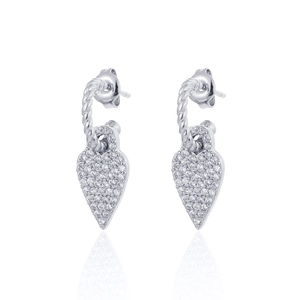 Bohemian silver twisted hoop earrings with sparkling crystal heart-shaped pendants