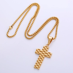 Polished 18k gold plated stainless steel cross pendant necklace with box chain