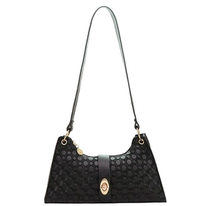 Classic black baguette shoulder bag with embossed texture and gold twist-lock buckle