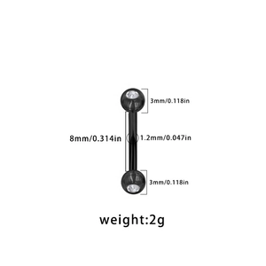 Detailed size chart for black stainless steel barbell with crystal stones for eyebrow piercing