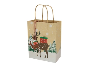 Detail of Christmas kraft paper gift bag with reindeer tag and festive forest patterns
