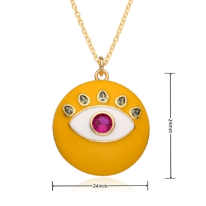 Detailed view of evil eye pendant measuring 24mm with colorful zircon and yellow enamel