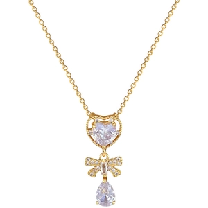 Elegant gold titanium butterfly necklace with teardrop gemstone and heart crystal pendant