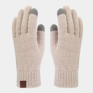 Ensemble d'hiver bonnet rayé et gants tactiles avec poignets côtelés et logo en cuir
