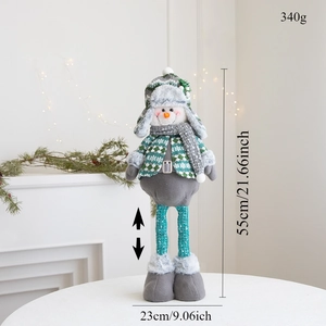 Detail showing adjustable height of snowman Christmas doll with dimensions and plush texture
