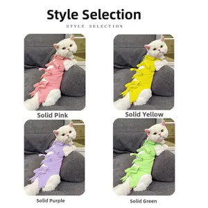 Cat recovery suit showing pink, yellow, purple and green knit fabric with back ties