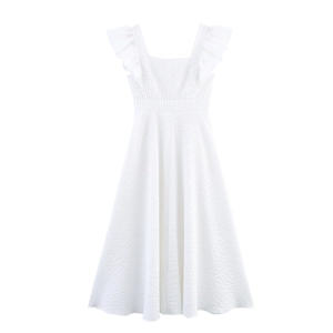 Elegant white floral textured maxi dress with flutter sleeves and square neckline