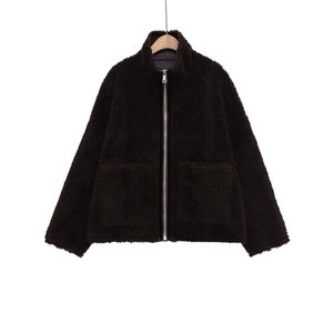 Dark brown sherpa fleece jacket featuring a high collar and front metal zipper
