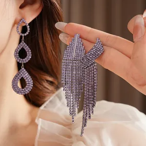 Exquisite geometric tassel drop earrings with purple rhinestones for women fashion