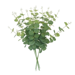 Artificial money leaf eucalyptus bunch with green round leaves and white buds for decor