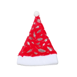 Detail of red plush Christmas hat featuring silver feather patterns and a white pompom
