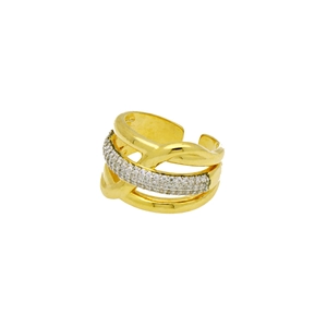 Close-up of gold X-shaped layered ring with sparkling zircon stones in a sleek luxury style