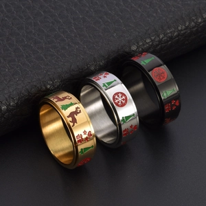 Rotatable stainless steel Christmas ring set with elk and tree patterns in gold and silver