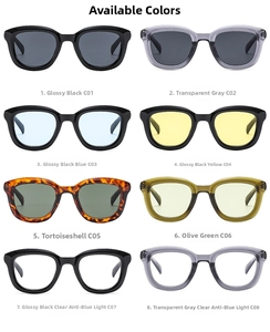 Grid view of vintage round sunglasses in eight colors including black, demi, and olive green