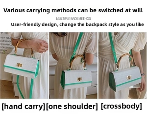 Detailed views of white crocodile pattern bag with green trim and bamboo handle options