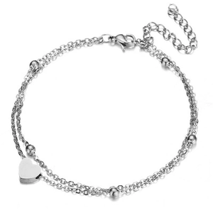 Double-layered stainless steel heart pendant bracelet with polished beads and lobster clasp
