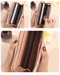 Internal layout of pink PU leather long wallet showing card slots and phone pocket