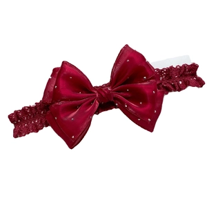 Dark red satin bow baby headband with lace elastic band and silver diamond accents
