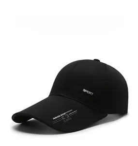 Detail of black cotton baseball cap with silver metal SPORT logo and printed brim design