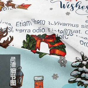 Macro shot of high-quality Christmas tapestry fabric featuring vintage Santa and reindeer prints