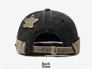 Rear view of vintage washed patchwork docker hat with adjustable metal buckle strap