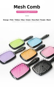 Detailed view of hollow grid hairbrushes in multiple colors with ergonomic hanging holes