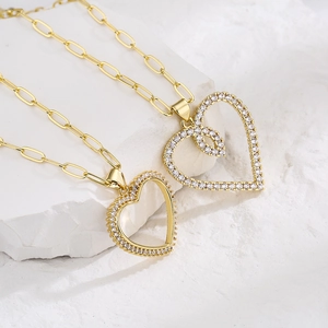 Heart Pendant Necklace Copper Real Gold Plated Cubic Zirconia Inlaid Hollow Intertwined Hearts Paperclip Chain For Women