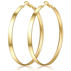 Detailed view of large gold plated hoop earrings with polished flat rectangular surface