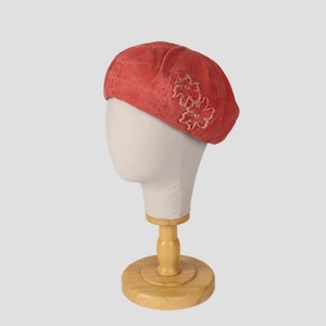 Vintage coral red washed pumpkin beret hat with floral patch for women in spring and summer