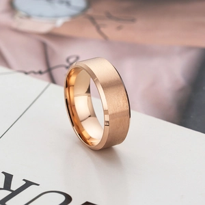 8mm rose gold matte titanium steel ring with brushed finish and polished beveled edges