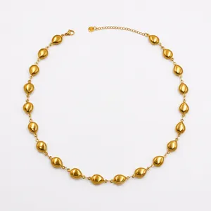 Polished 18k gold stainless steel teardrop bead necklace with adjustable lobster clasp chain
