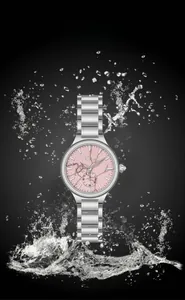 Waterproof women's quartz watch with pink marble dial and silver steel strap