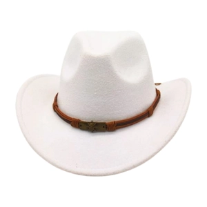 Detail of white wool felt western hat with brown leather strap and bronze skull buckle
