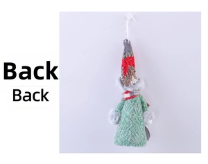 Detail view of the back of a knitted Christmas doll featuring a multi-colored beanie cap