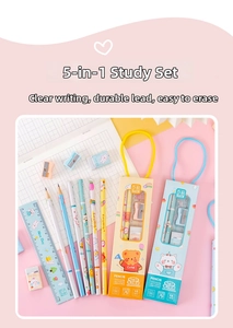 Detailed 5-in-1 stationery set with pencils, ruler, eraser, and sharpener for kids