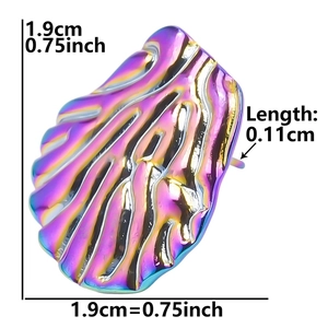 Macro view of shell-shaped rainbow stainless steel stud earring with size measurements