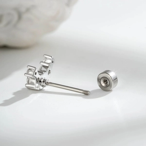 Delicate silver titanium steel cartilage piercing stud with cubic zirconia micro-inlay