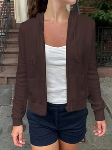 Veste à capuche zippée en maille marron pour femme style minimaliste décontracté automne