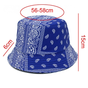 Size diagram for blue bandana bucket hat showing 56-58cm head circumference and 6cm brim