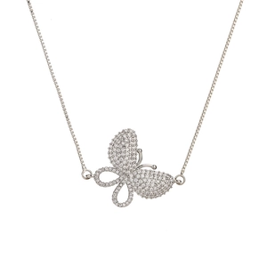 Silver butterfly necklace with micro-p镶 inlaid cubic zirconia on white background