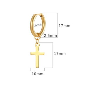 Polished 18k gold plated stainless steel cross charm earrings with size measurements