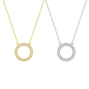 Elegant gold and silver pavé circle pendant necklaces with sparkling zircon stones