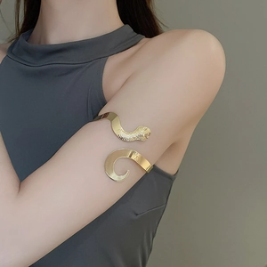 Gros plan du bracelet serpent doré en spirale avec texture d'écailles sur le bras